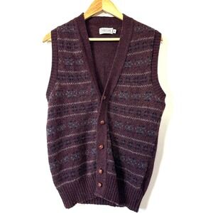 VTG Parisian Shetland Wool Cardigan Vest Burgundy Fair Isle Knit USA M Academia